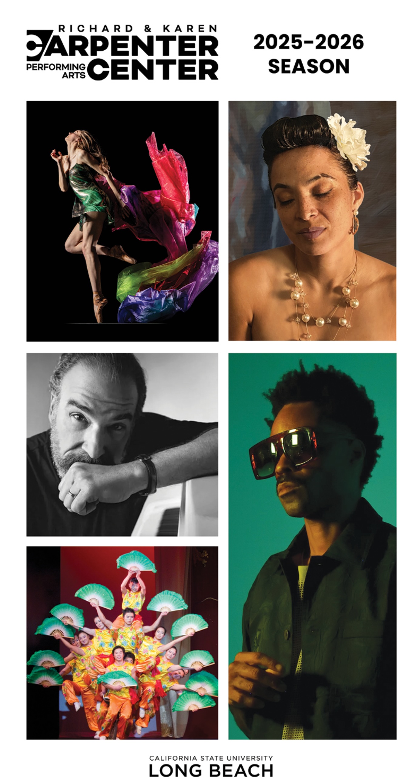 Cover of the Carpenter Center's 2025-2026 Season Brochure showing various artists and the Center's logo