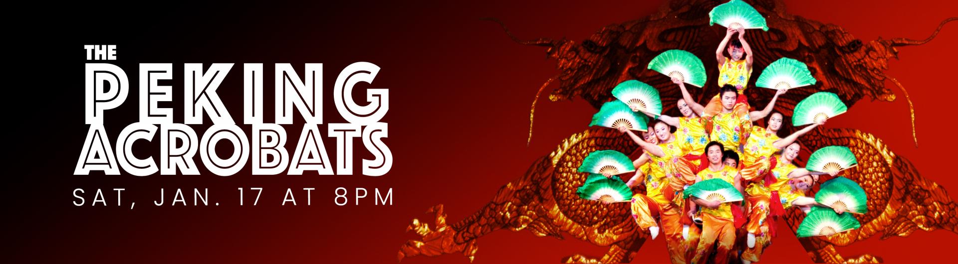 Members of The Peking Acrobats holding fans while balancing on a single bicycle.