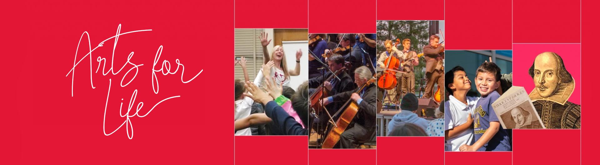 Arts for Life logo next to a mosaic of images from past Arts for Life events