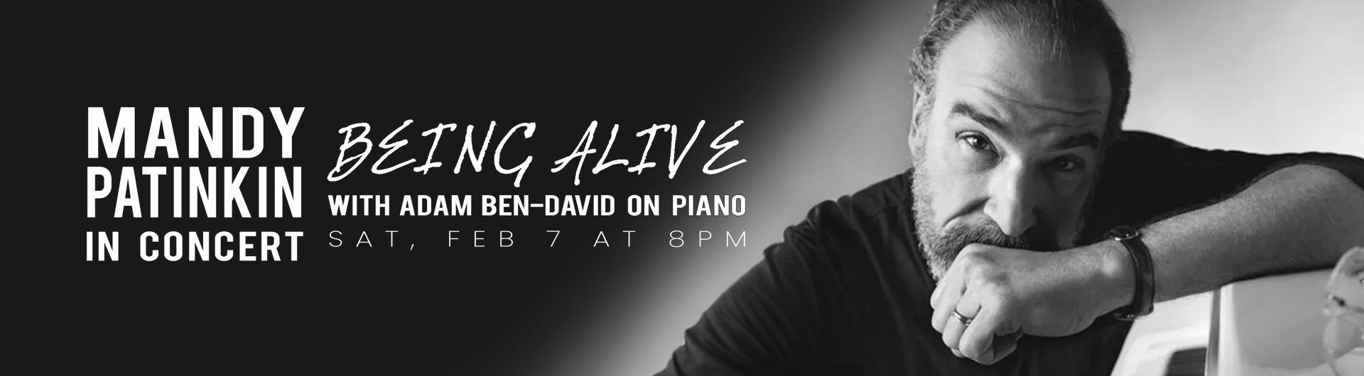 Mandy Patinkin in a dark shirt looking forward next to the show title: Being Alive