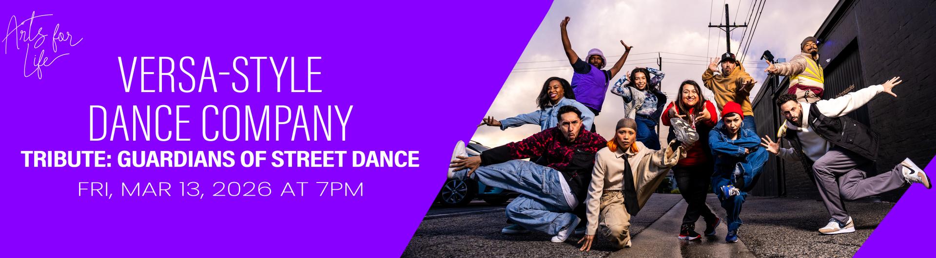 A dynamic group of dancers posing energetically in a street setting, with vibrant purple design elements and the Arts for Life logo