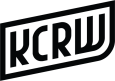 KCRW logo with the letters within a rectangle angled up to the right.